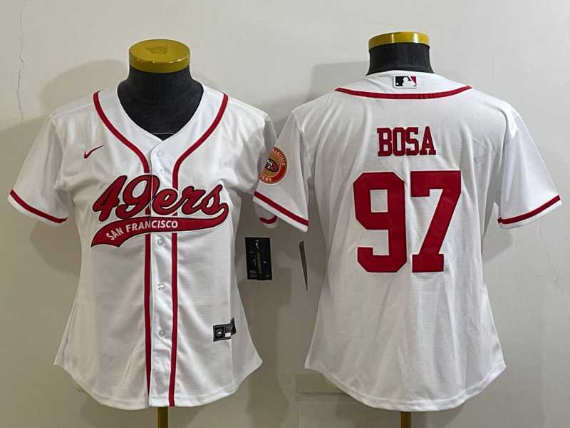Women's San Francisco 49ers #97 Nick Bosa White With Patch Cool Base Stitched Baseball Jersey,We sell and wholesale Women's San Francisco 49ers #97 Nick Bosa White With Patch Cool Base Stitched Baseball Jersey on line form chian!
